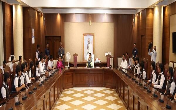 Chief Minister Dr. Mohan Yadav interacting with students at the Madhya Pradesh Legislative Assembly