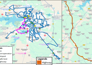 Map showing the drive test routes in Madhya Pradesh