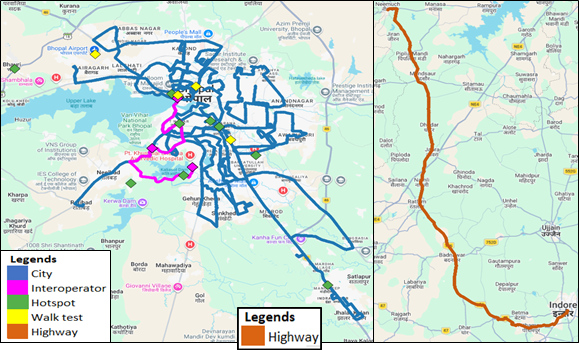 Map showing the drive test routes in Madhya Pradesh