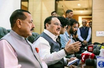 Union Minister J P Nadda addressing a press conference with the CJP delegation