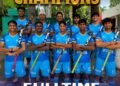 Indian sub-junior men's and women's hockey teams celebrating their victories