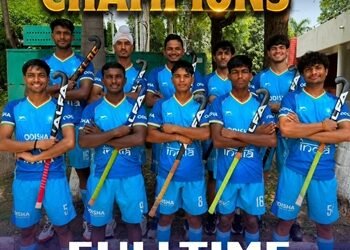 Indian sub-junior men's and women's hockey teams celebrating their victories