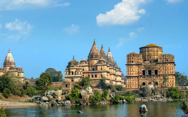 Historical monuments in Orchha along the Betwa River