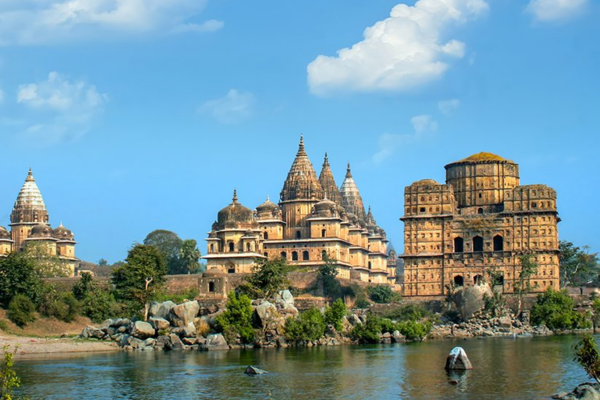 Historical monuments in Orchha along the Betwa River