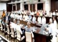 Image of the ceremony at Mantralaya marking the change in Madhya Pradesh's Chief Secretary