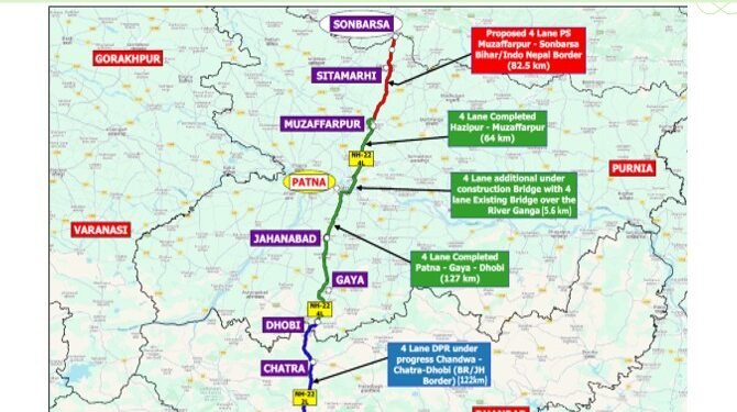 A map showing the Muzaffarpur-Sitamarhi-Sonbarsa section of NH-22 in Bihar