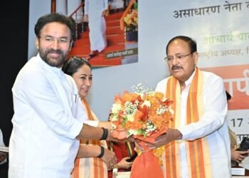 Defence Minister Rajnath Singh, BJP National President Jitendra Nabin, and Delhi Chief Minister Rekha Gupta at the release of the Hindi Biography of Former Vice President M Venkaiah Naidu.