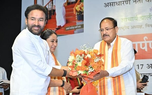 Defence Minister Rajnath Singh, BJP National President Jitendra Nabin, and Delhi Chief Minister Rekha Gupta at the release of the Hindi Biography of Former Vice President M Venkaiah Naidu.