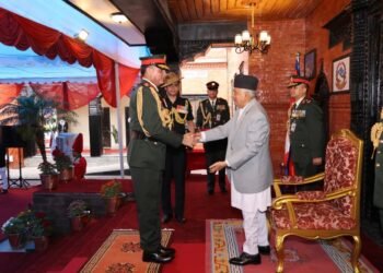 Indian Army Chief General Dhiraj Seth and Nepal President Ramchandra Paudel during the investiture ceremony