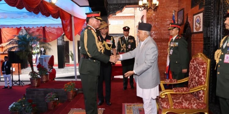 Indian Army Chief General Dhiraj Seth and Nepal President Ramchandra Paudel during the investiture ceremony
