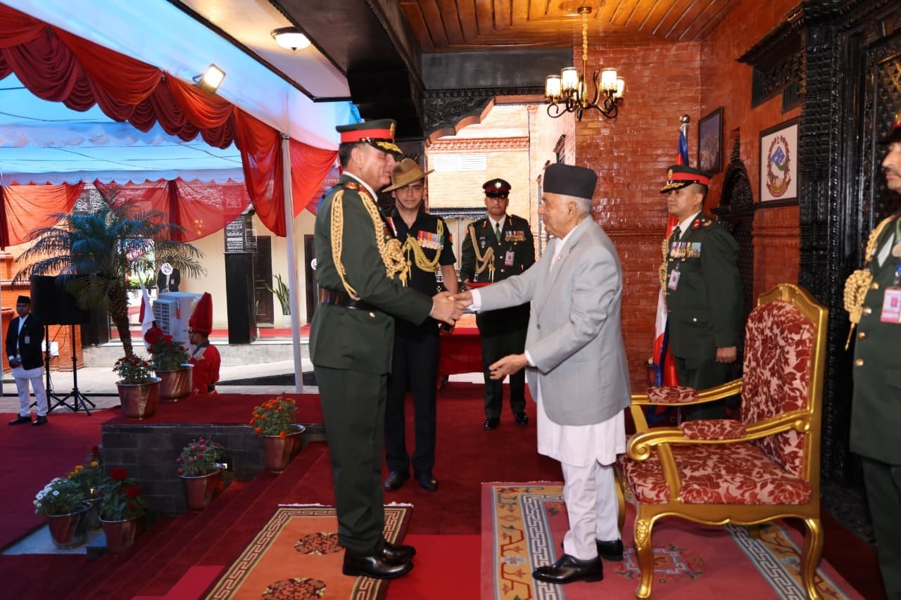 Indian Army Chief General Dhiraj Seth and Nepal President Ramchandra Paudel during the investiture ceremony