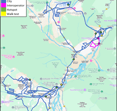 Map showing drive test routes in Haridwar and Rishikesh cities.