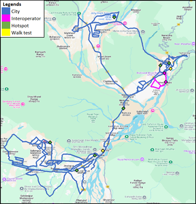 Map showing drive test routes in Haridwar and Rishikesh cities.