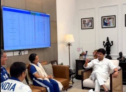 Union Minister Jyotiraditya Scindia and Mirabai Chanu during their meeting