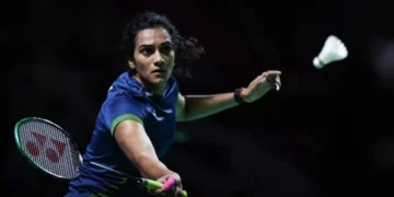 P V Sindhu playing badminton